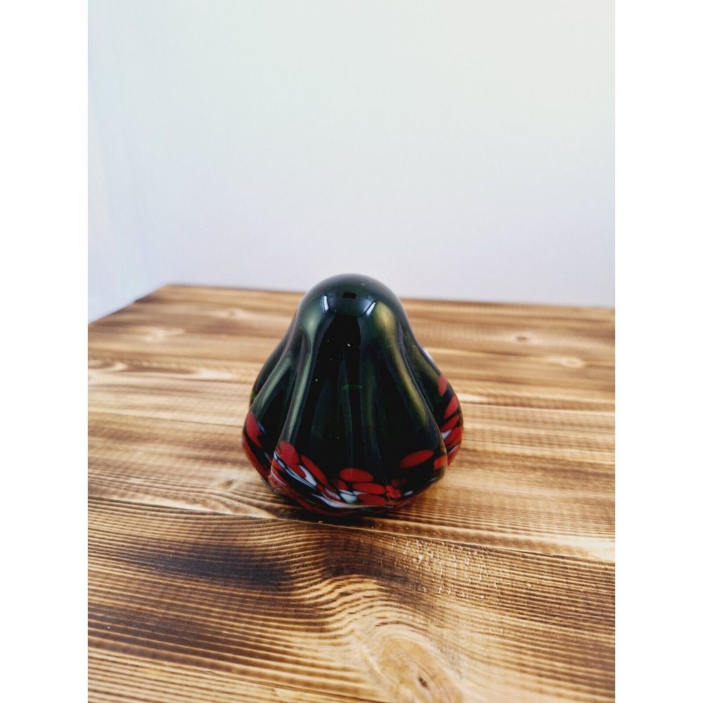 Emerald Green Glass Candy Drop Paperweight w/ Swirled Red White Art Glass 3"x3"